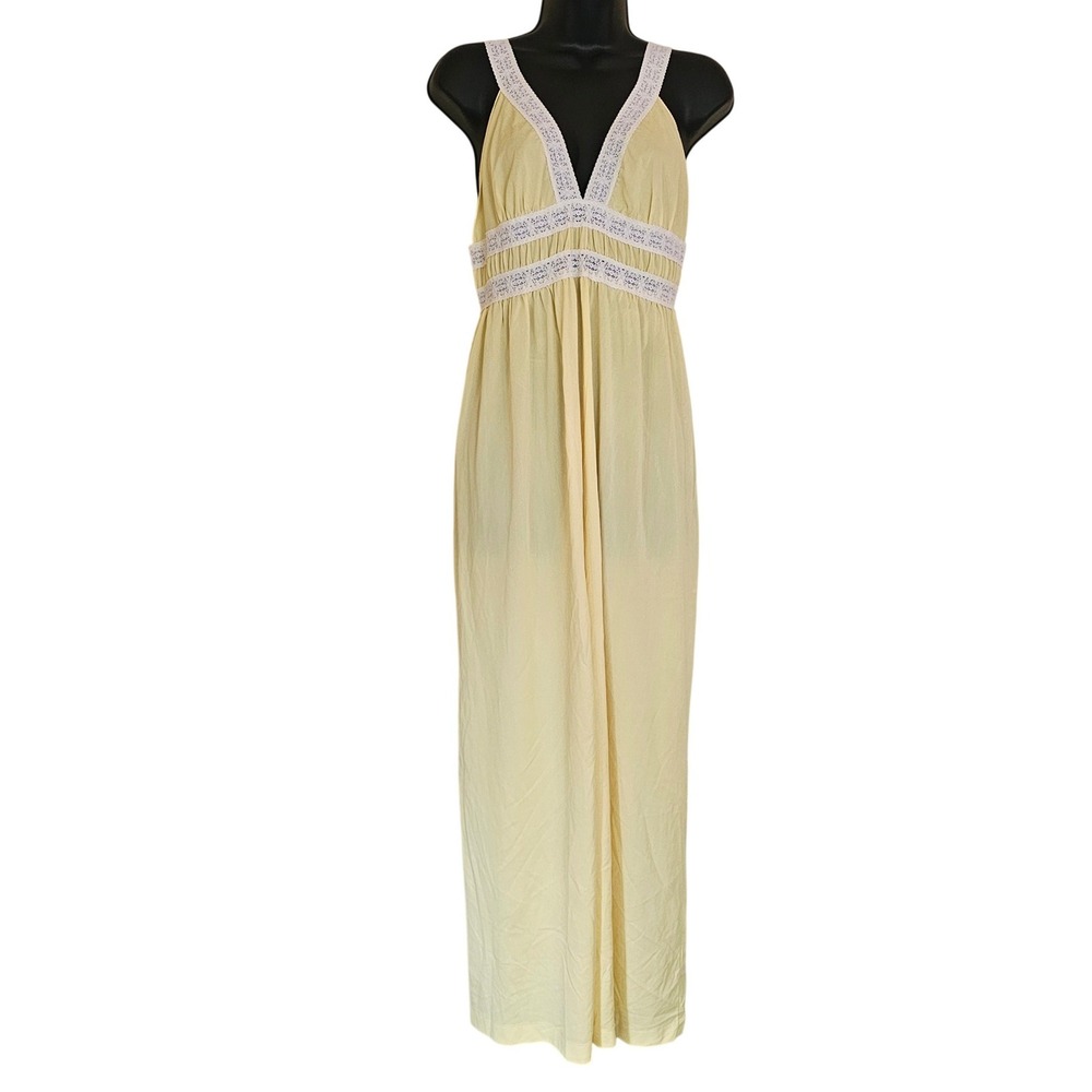 Vintage ILGWU Butter Yellow Lace Maxi Nightgown Dress Large Made in USA 0692